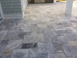 Gray travertine versailles pattern pavers for outdoor patio Woodside