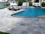 Silver travertine paver versailles pattern patio pool coping San Jose Califronia